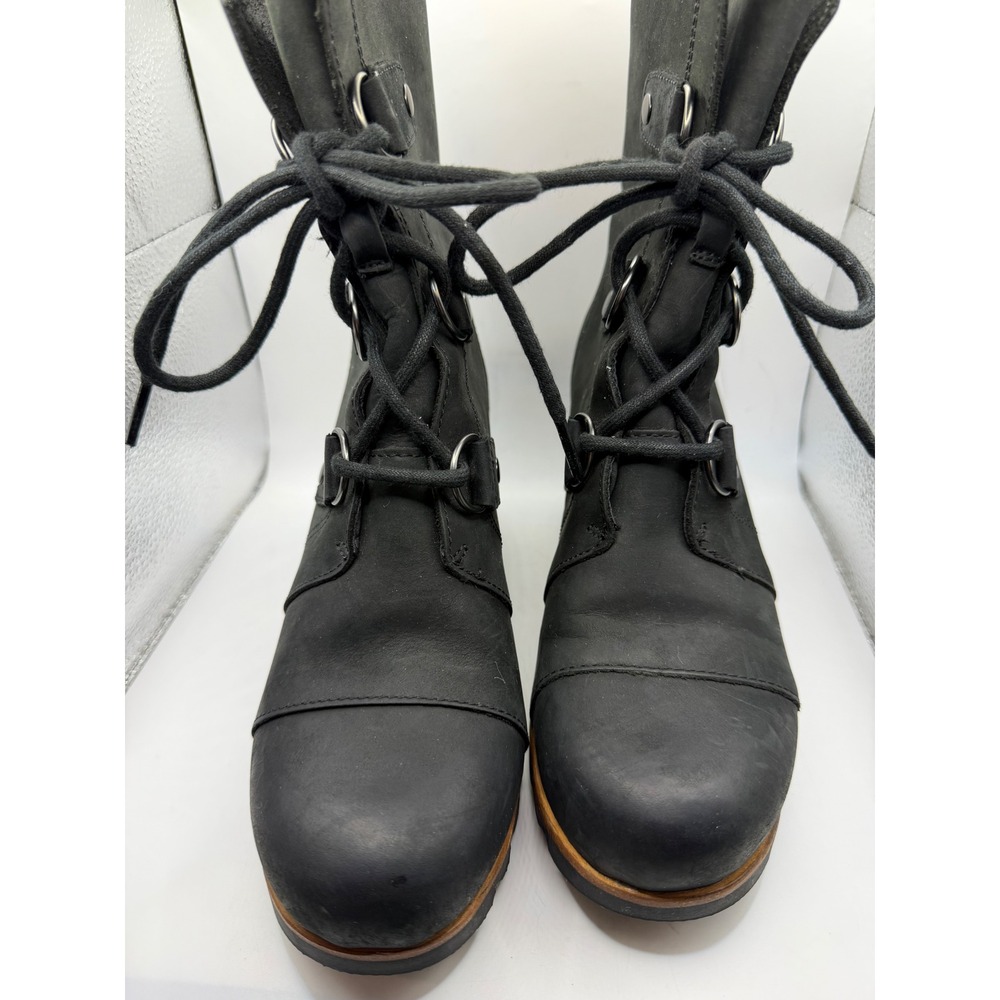 Sorel Joan of Arctic Wedge Mid Black Leather Lace Up Boots NL2173-011 Womens 8
